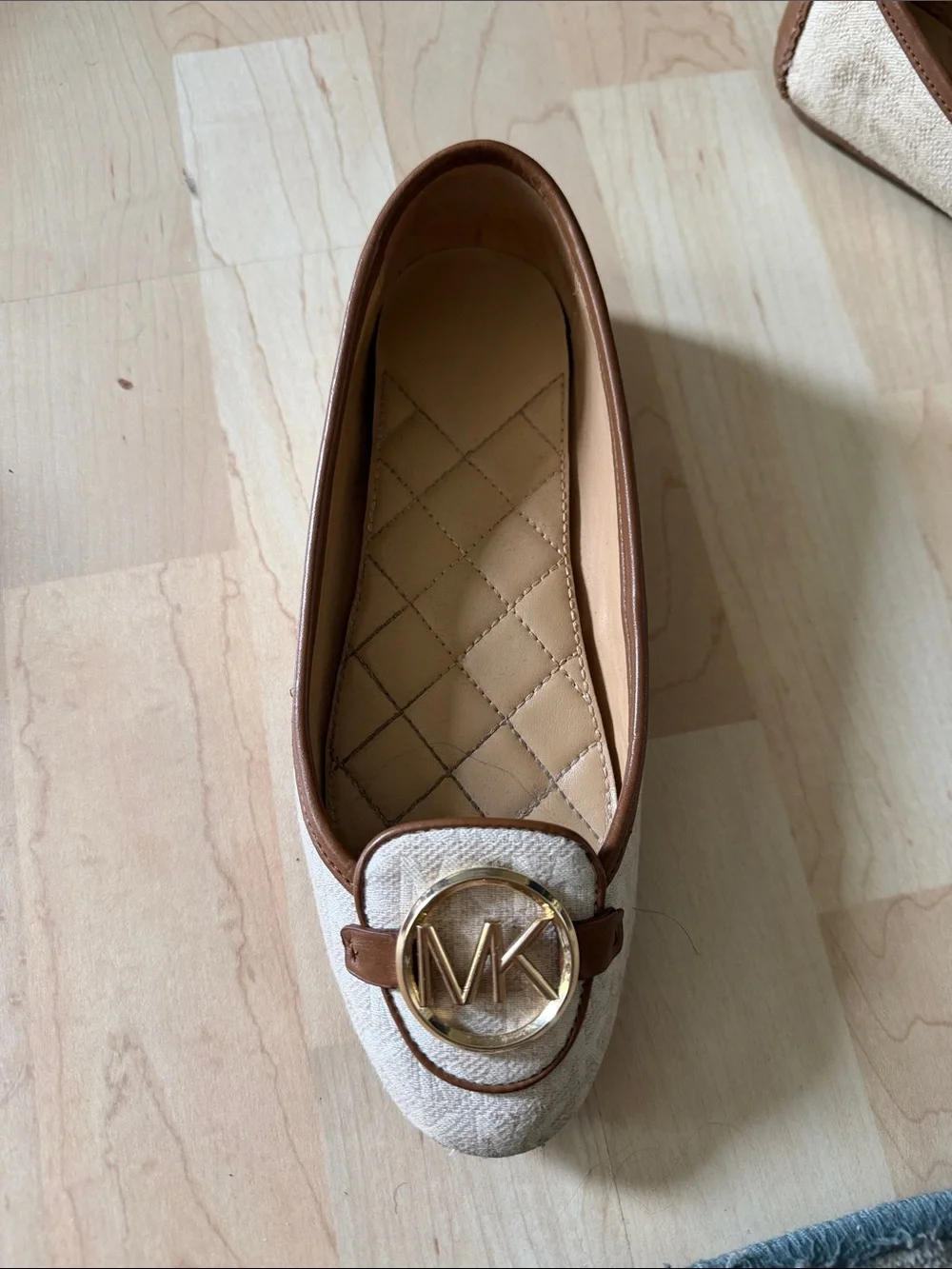 Michael Kors Cream Quilted Ballet Flats with Gold MK Emblem